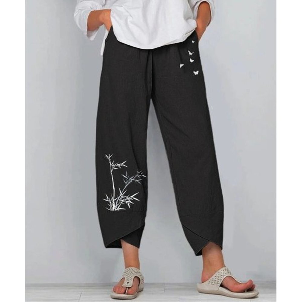Black Bamboo Butterflies Tulip-Cuff Harem Pants